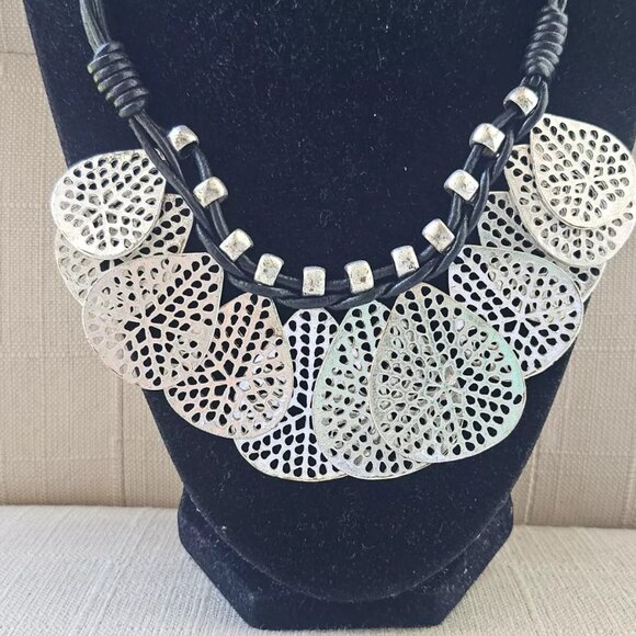 Women Necklace Silver Tone Heart Shape Coin Pendant Fashion Jewelry Black Cord - Picture 3 of 6